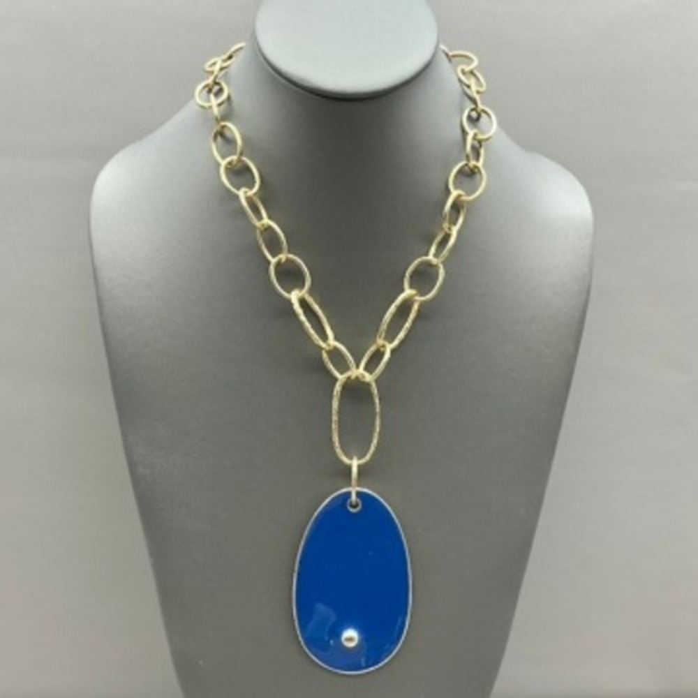 Kenneth Lane Necklace Blue Enamel Pendant Gold Tone Chunky Link Statement 20"